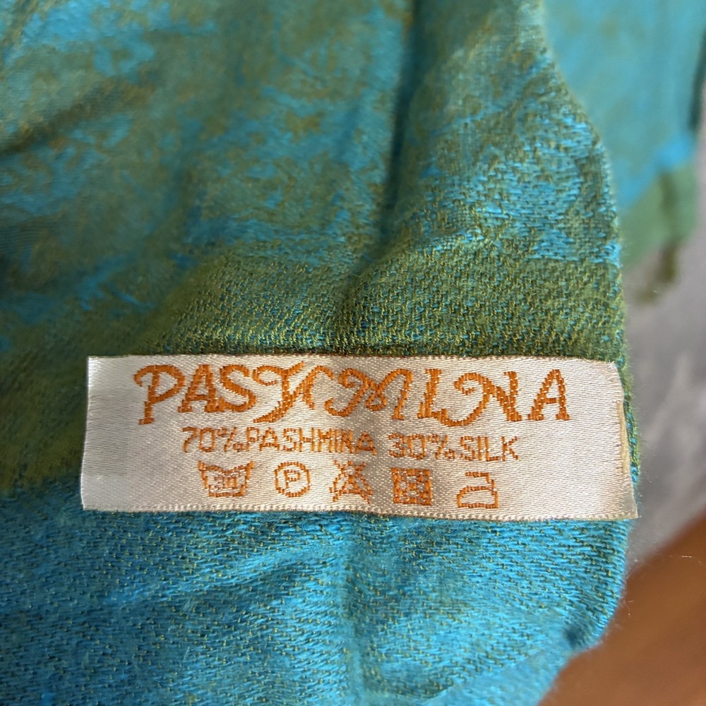 VTG Pashmina Scarf Shawl Wrap Jacquard Blue Green Fairy Grunge Fringe Boho Artsy
